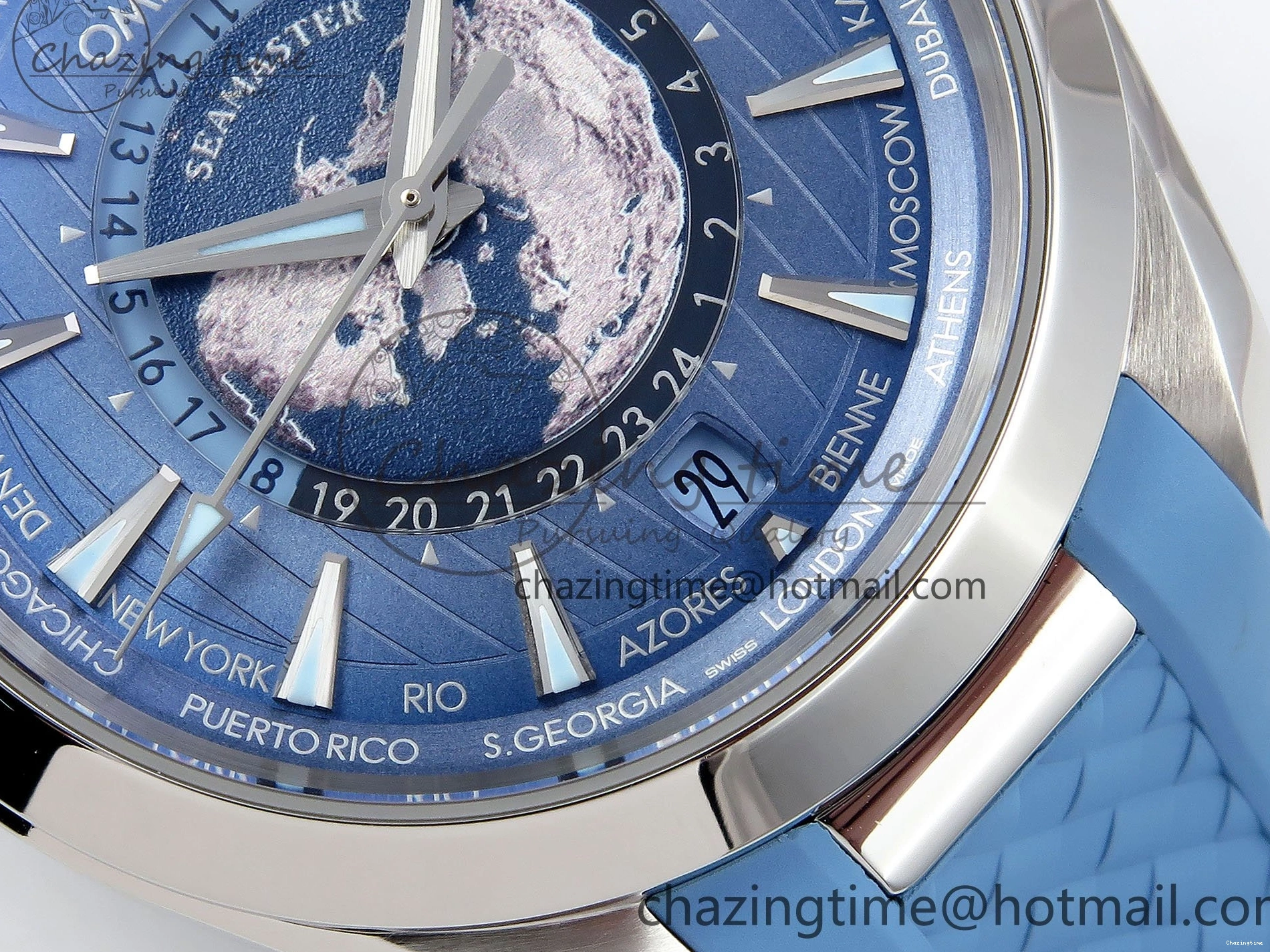 0201 GoAnywhere Aqua Terra GMT Worldtimer 43mm VSF 1:1 Best Edition Summer Blue Dial on Blue Rubber Strap A8938 Super Clone 7722